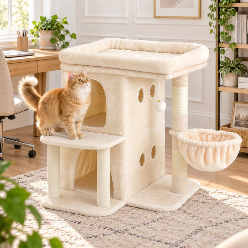 26.3" Cat Tree with Large Perch, Dual Condos and Sisal Scratching Post
