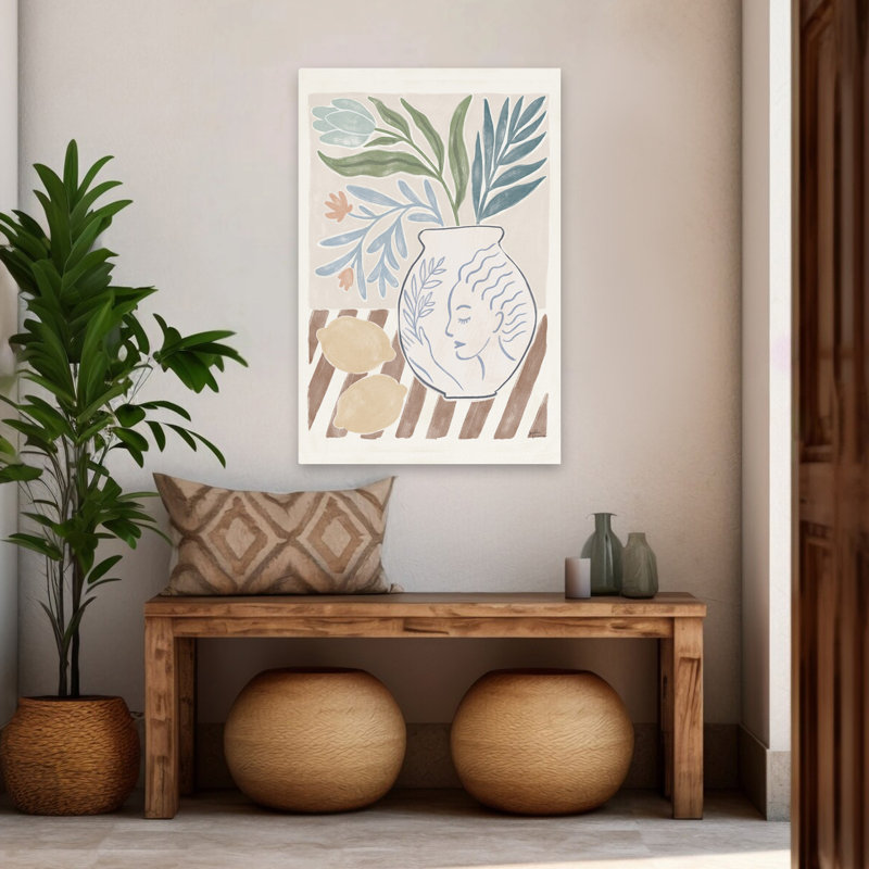«Chypre IV» neutre - Bouquets bleus, art d'agrumes bruns, H 48 po x l 32 po