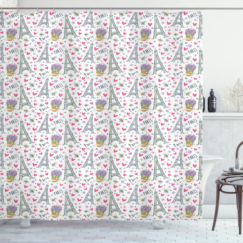 Dakota Fields Eiffel Tower Shower Curtain Romantic Doodle Items Pink Multicolor, 84"H x 69"W