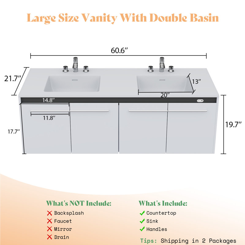 Ayanda 60" Led Floating Bathroom Double Vanity With Sink Combo, White, White