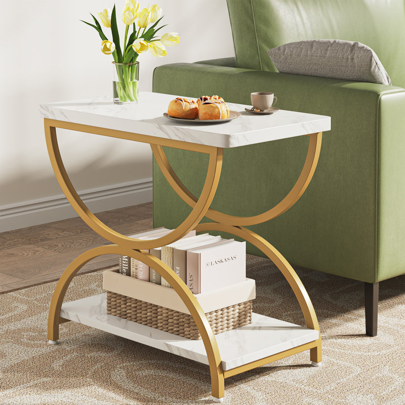 Table de bout avec rangement Jen, Blanc / Doré, 1