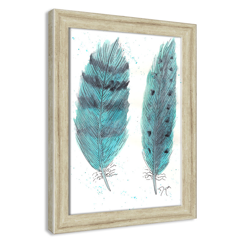 «Feathers in Turquoise II», art encadré, H 16 po x l 12 po x P 0,6 po, Encadrement beige