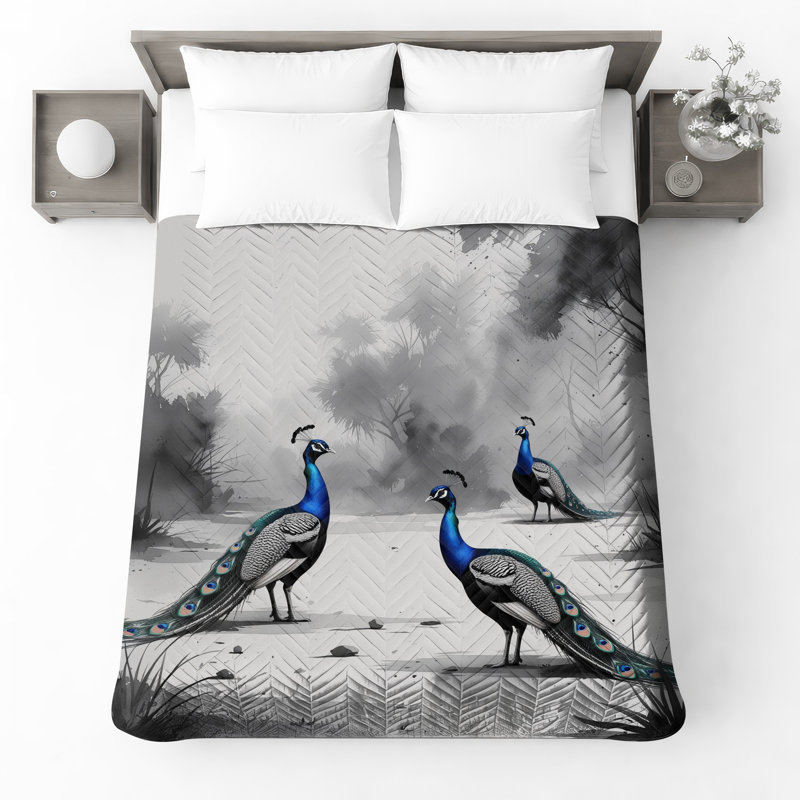 Blue Peacocks In Forest Quilted Bedspread All Sizes, Twin
