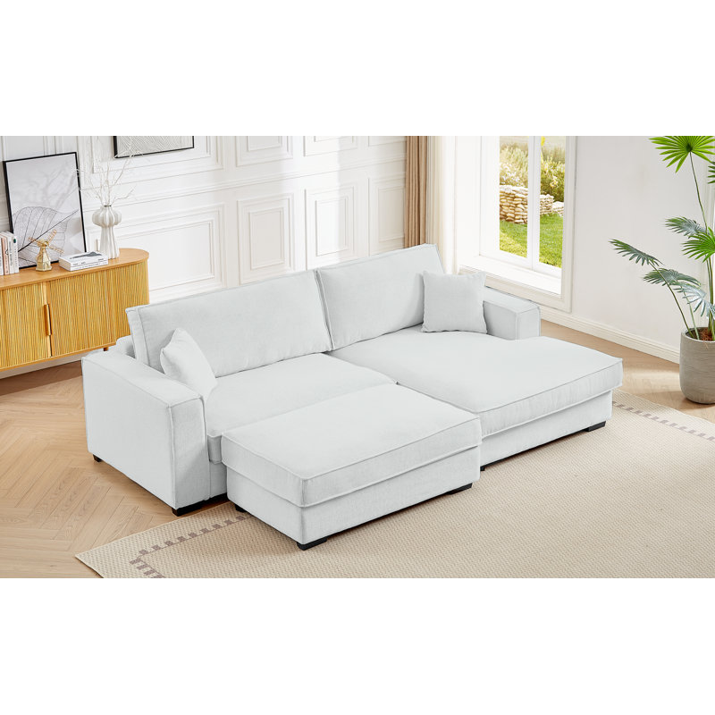 Canapé modulaire à assise large avec repose-pieds Chira, Accoudoir à droite (vu de face), Chenille blanche