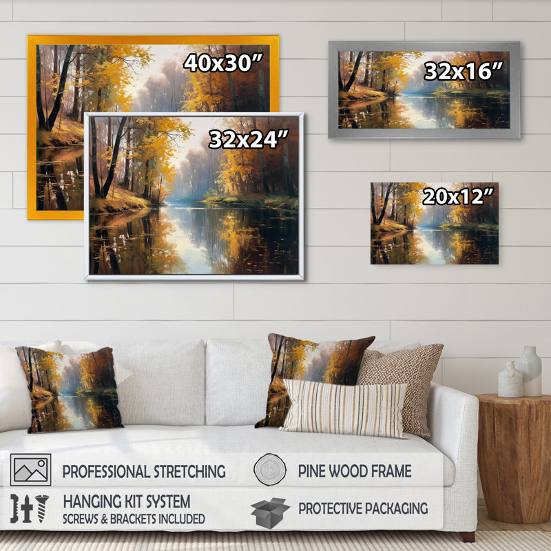 «Whimsical River and Forest IV», reproduction d'art sur toile, Cadre simple noir, H 16 po x l 32 po x P 1 po