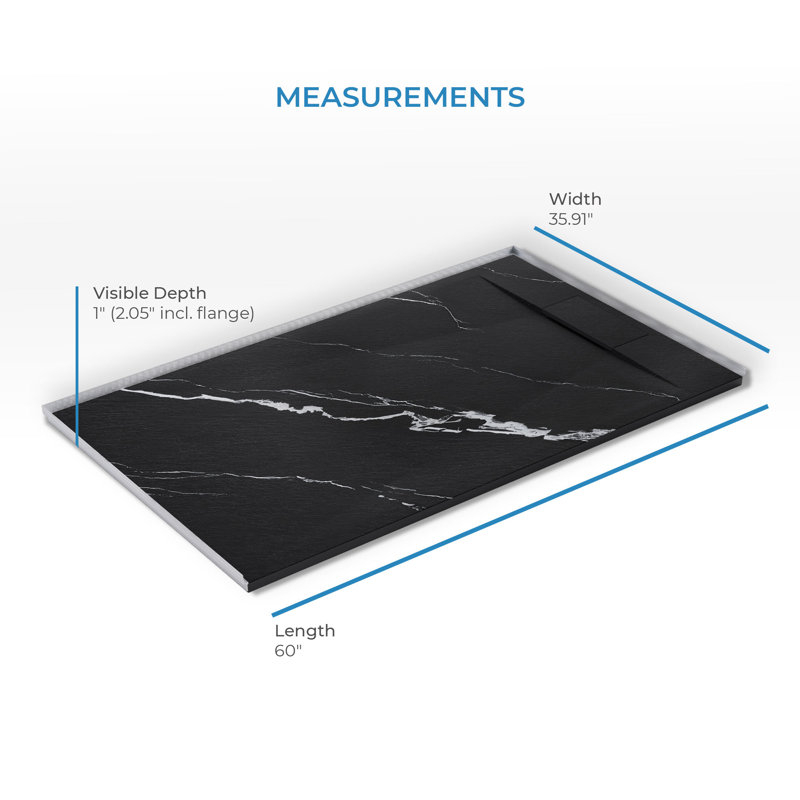 Receveur de douche rectangulaire extra-plat Lenora 152,4 cm x 91,4 cm avec bonde latérale dissimulée, noir Carrara