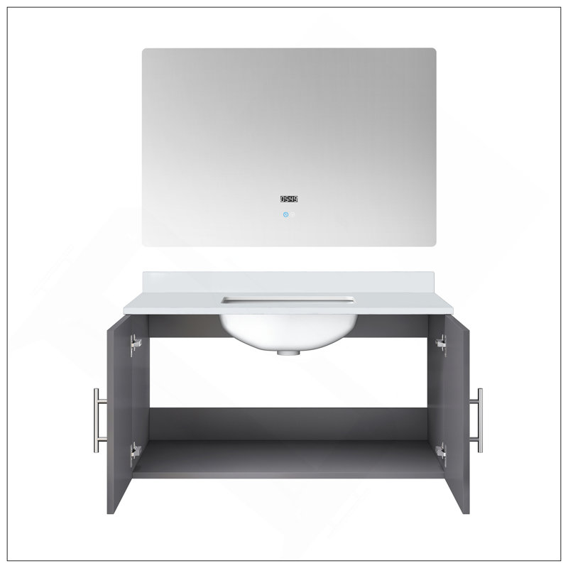Meuble-lavabo moderne 36 po X P 22 po D, plateau en quartz blanc et Miroir à DEL, Gris foncé