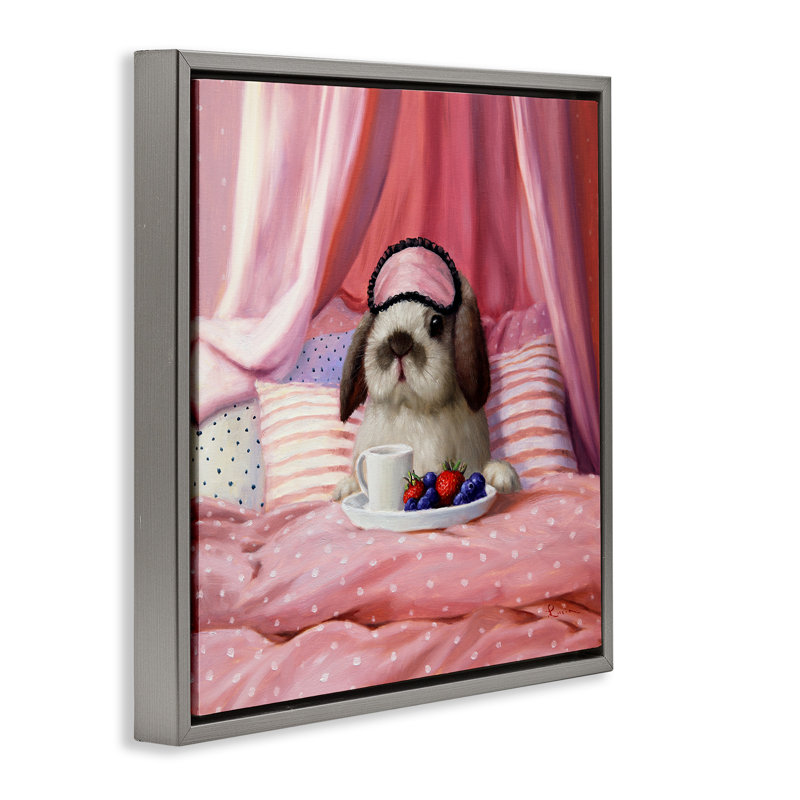 Lapin avec déjeuner au lit, Cadre flottant gris lustré, H 25 po x l 25 po