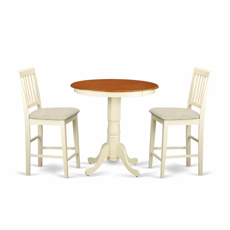 3 Piece Kitchen Counter Height Dining Set Contains a Round Dining Room Table with Pedestal and 2 Linen Fabric Upholstered Chairs, Buttermilk & Cherry
