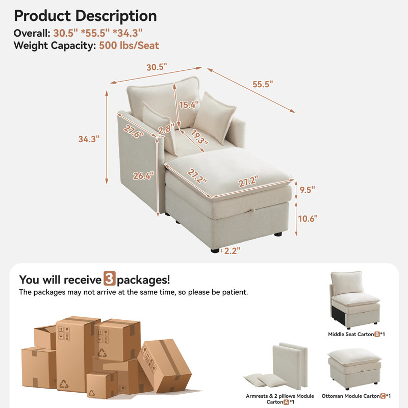 Ensemble de fauteuil et repose-pieds rembourrés avec rangement dissimulé, Beige