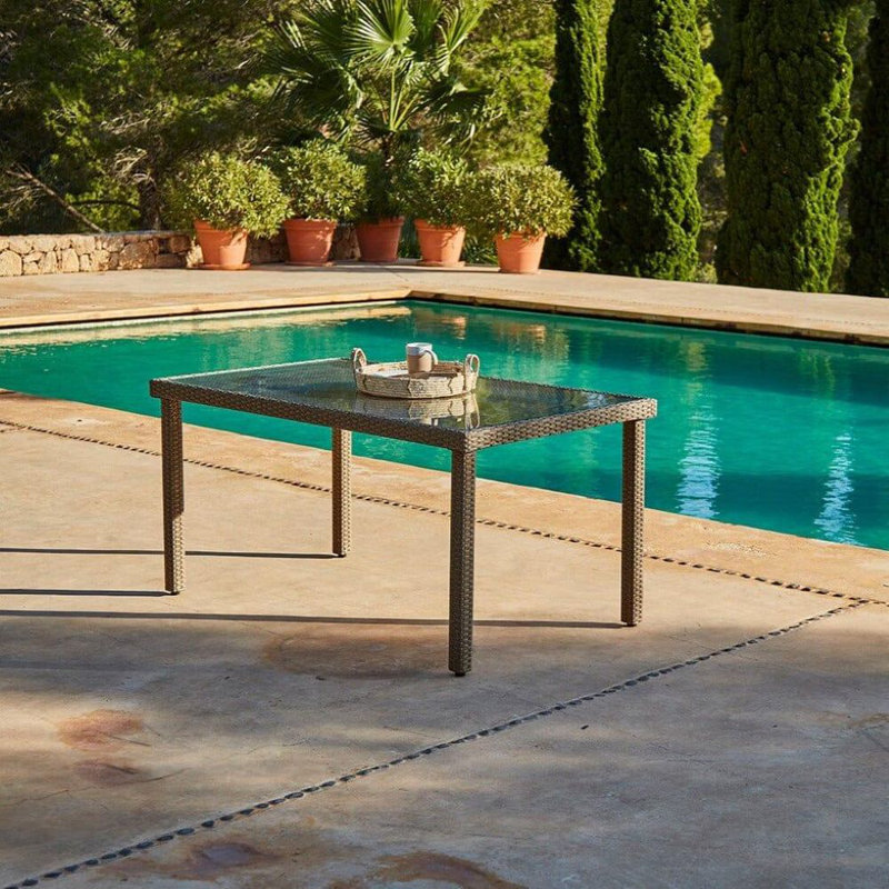 Ahmid Rectangular - Piece 10 - Person 90Cm L Outdoor Table Set & Parasol, Beige Weave, Grey