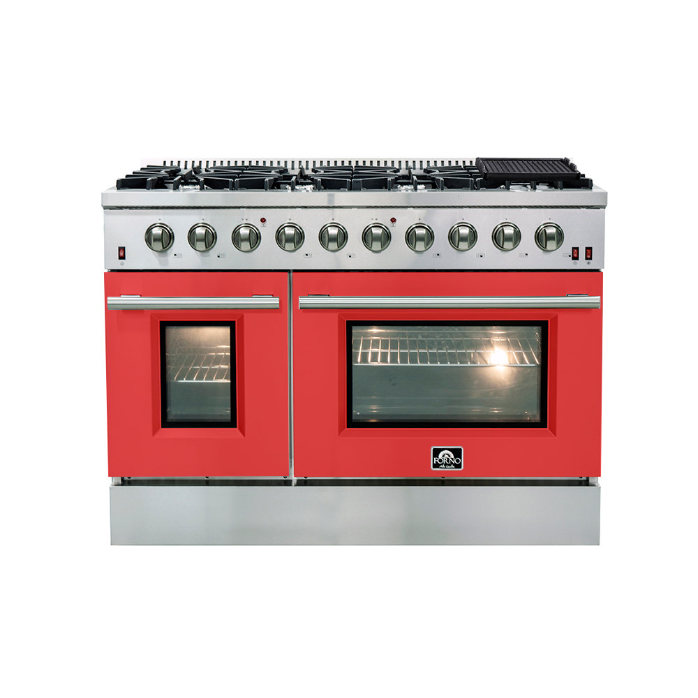 Forno Galiano 48-inch Gas Range in white, black, blue or red, 8 Burners, 107,000 BTU, Griddle, 6.58 Cubic Feet Double Ovens Forno 