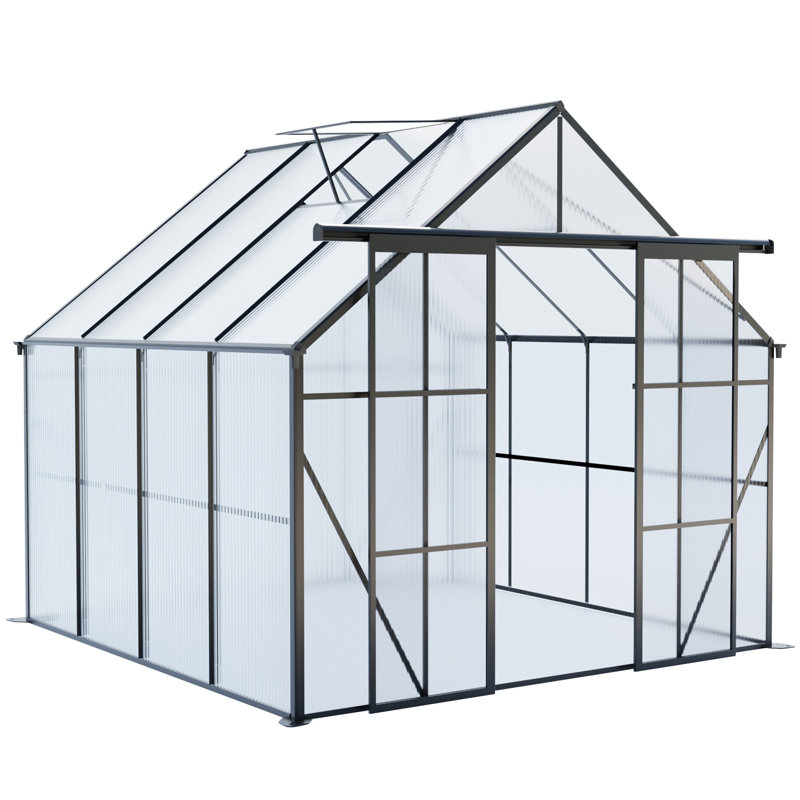 EverGrow Heavy-Duty Walk-In Polycarbonate Greenhouse with Sliding Double Doors, Adjustable Roof, and Anchored Aluminum Base