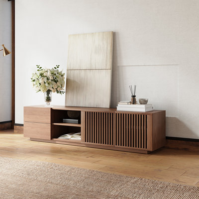 Meuble télé de style Mid-Century moderne, système de divertissement en bois à persiennes avec portes à lattes, rangement ouvert, 70,87 po