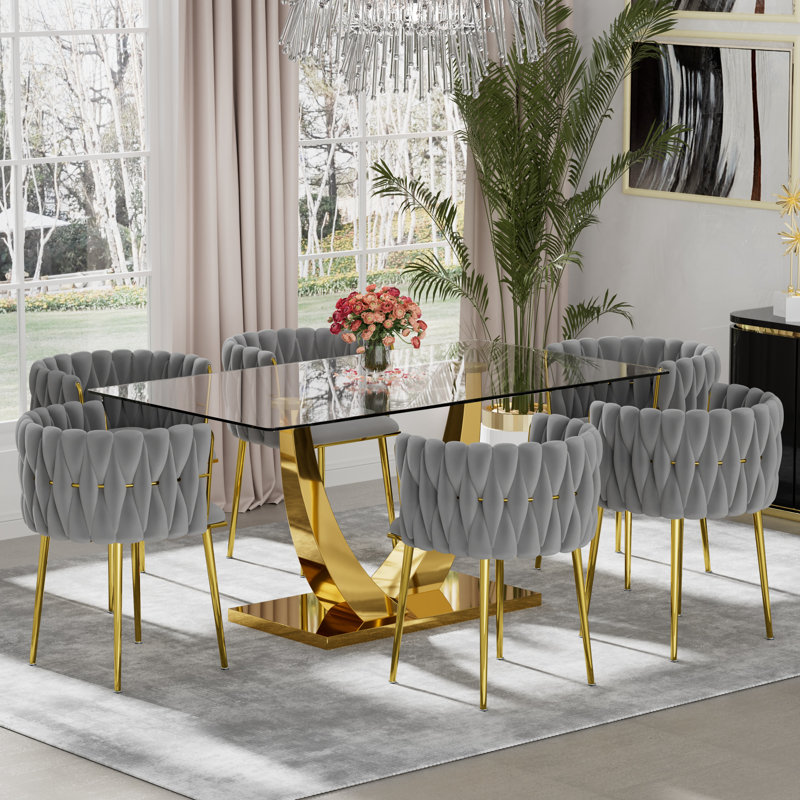 Ensemble de salle à manger rectangulaire à piédestal avec chaise tissée, H 29,5 po x L 63 po x l 35,4 po - or, Gris foncé