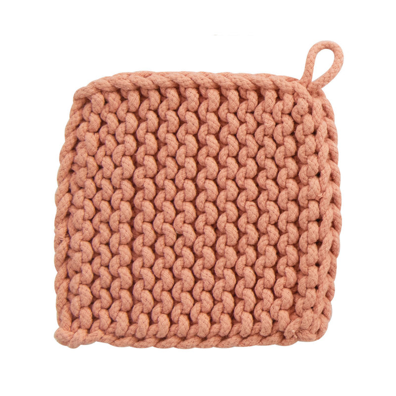 Poignée carrée en coton crocheté (chacun variera), Vert / rose / brun
