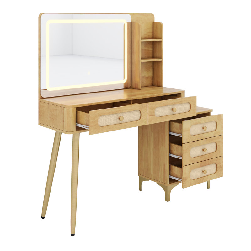 Coiffeuse de maquillage rétro avec miroir éclairé, tiroirs et tablette de rangement, Brown