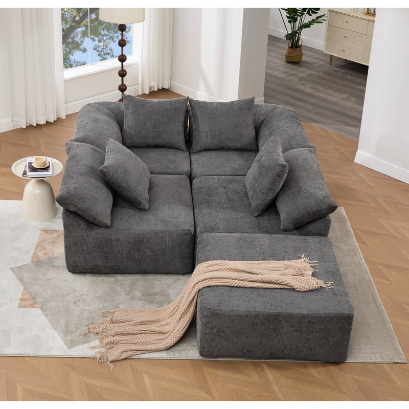 Canapé modulaire en forme de L, 5 places et, chenille grise, canapé-lit confortable, combinable, rembourrage en mousse haute, canapé modulaire de style moderne de 142 po, canapé convertible confortable de 5 po, à combiner, rembourrage