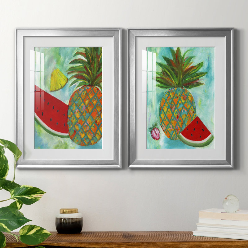 Ananas et melon d'eau I - ensemble de 2 reproductions d'art, H 18,5 po x l 49 po x P 1,5 po, Papier avec cadre argenté, Blanc