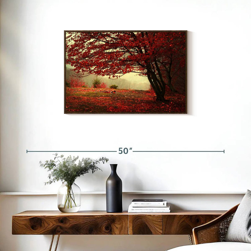 Arbre rouge en automne, Cadre flottant noyer, 31 po x 21 po