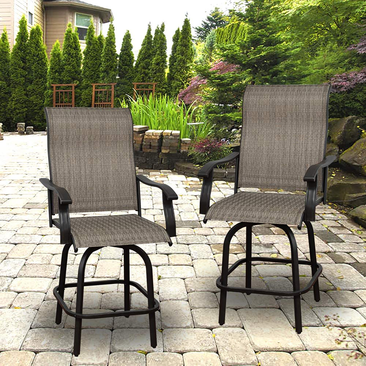 Red Barrel Studio® Outdoor Swivel Bar Set, Patio Bar Stools Black Frame, Brown Wayfair