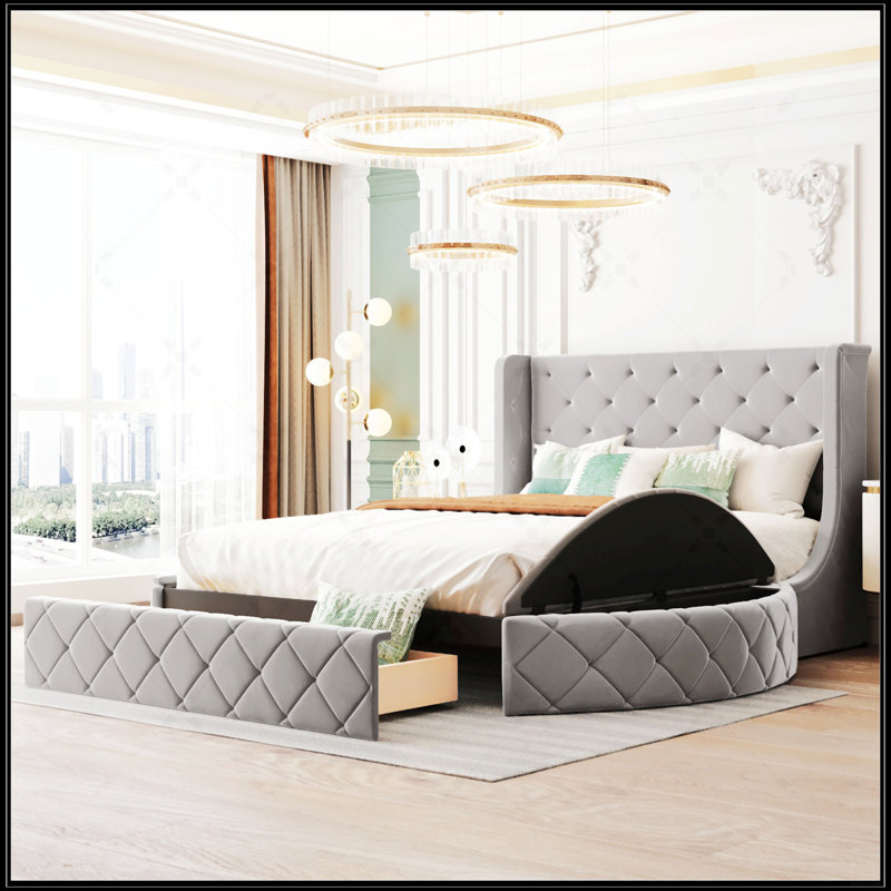 Lit plateforme tapissier grand avec rangement en velours avec tête de lit à oreilles et 1 grand tiroir, Gris