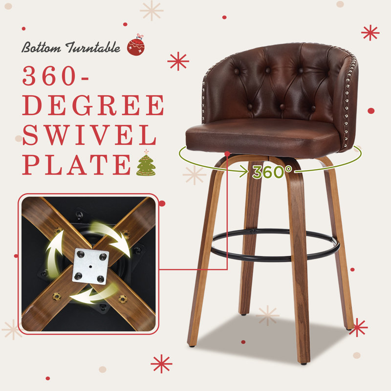  Swivel Brown Faux Leather 28.2'' Counter Stool with Solid Wood Frame, Bar Stool (29.1" Seat Height), Brown