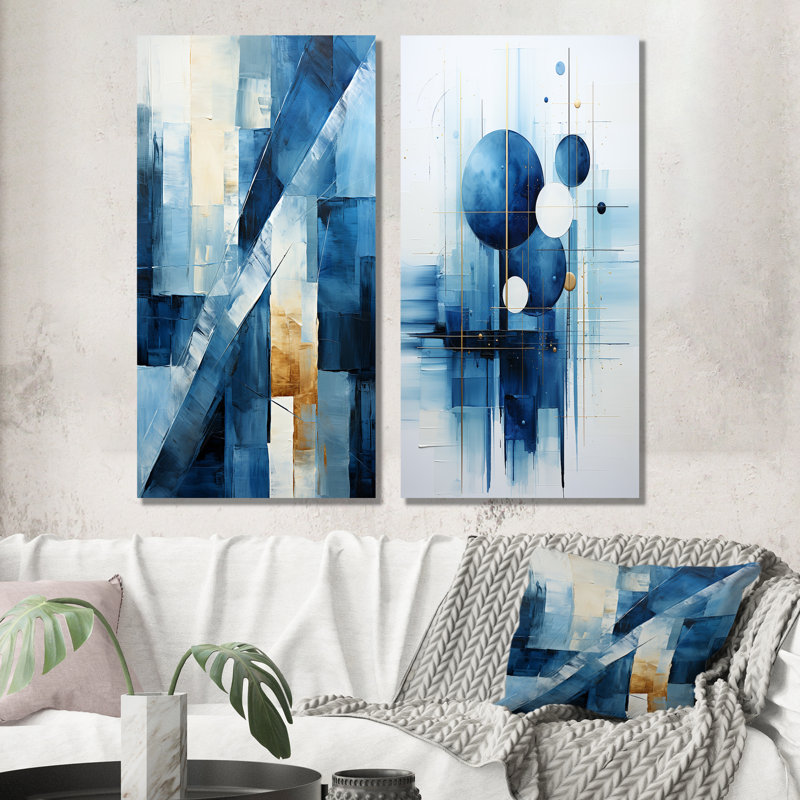 Ensemble de 2 décorations murales géométriques blanches et bleues à motif géométrique nautique IV, H 28 po x l 24 po