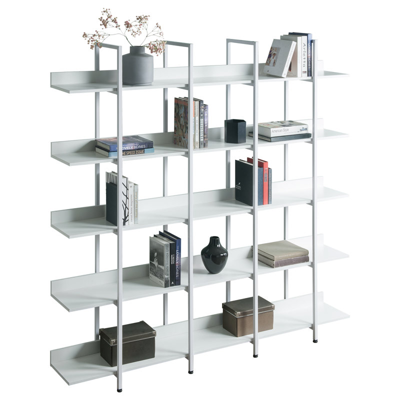 5 Tier Bookcase Home Office Open Bookshelf, Vintage Industrial Style Shelf With Metal Frame, MDF Board, White