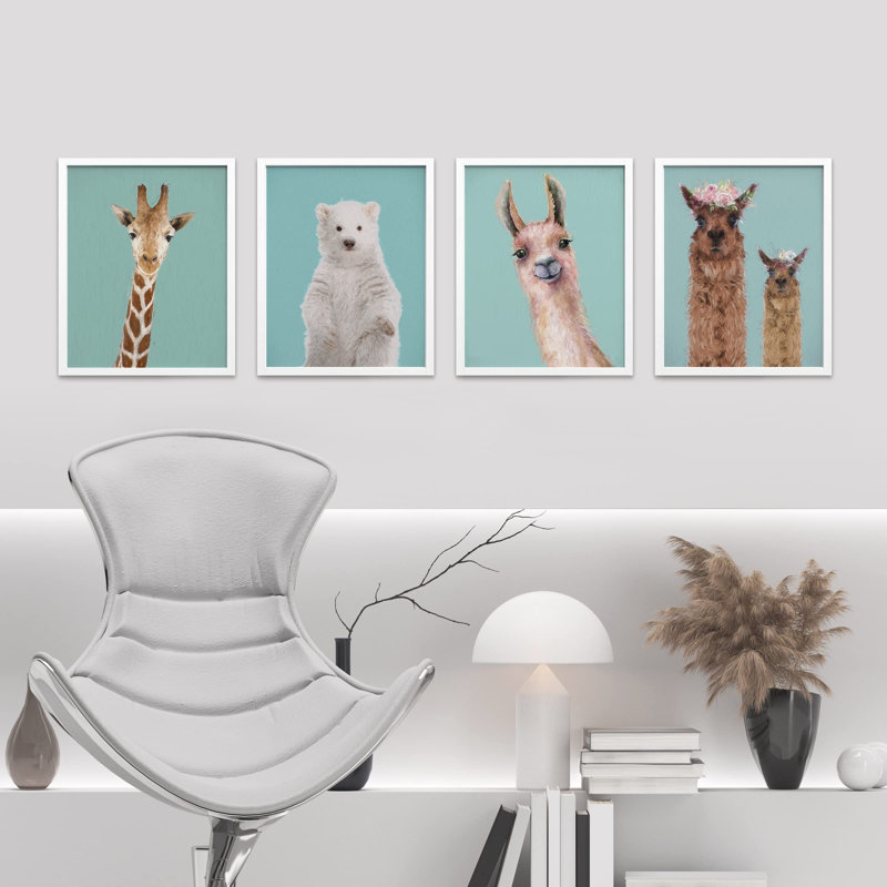 Chambre d'enfant - Pépinière de lama, girafe encadrée sur papier, impression de 4 pièces, Blanc, H 16 po x l 12 po
