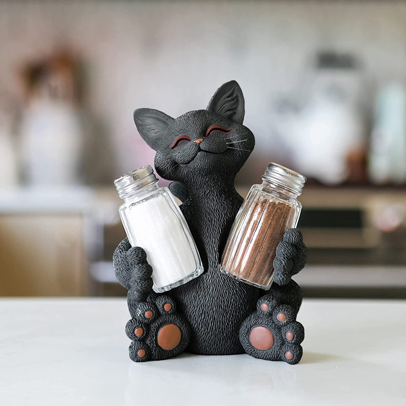 Smiling Happy Cat Salt & Pepper Shaker Holder, Black