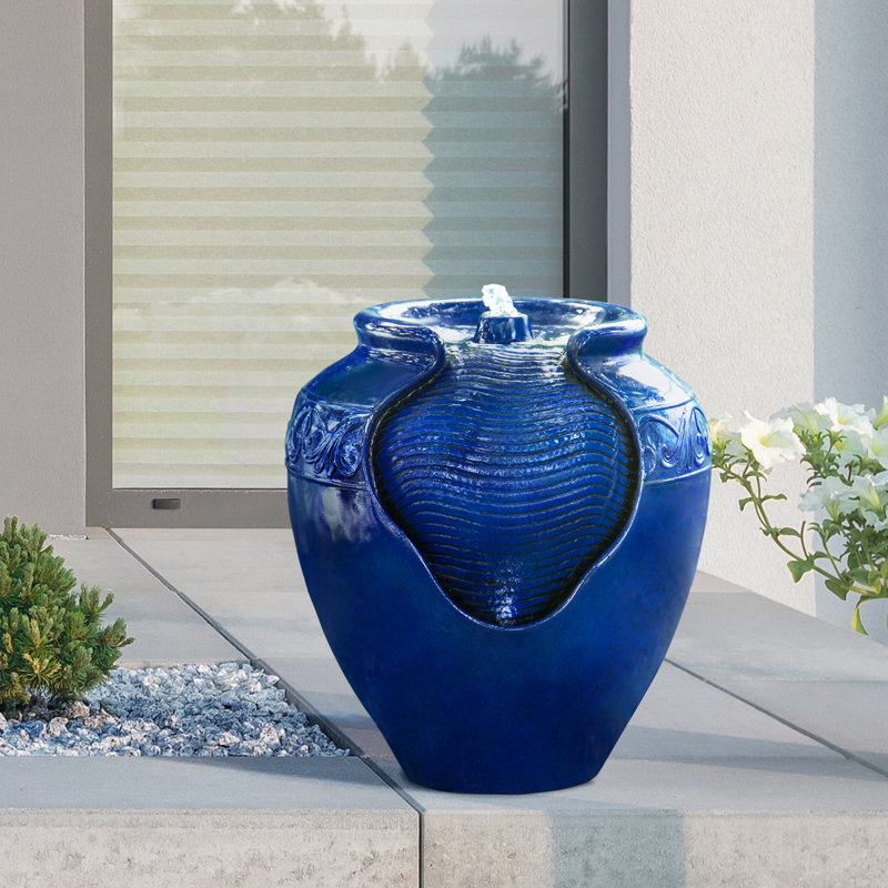 17" Hand-Glazed Outdoor Water Fountain with LED Lights & Textured Surface, Royal Blue