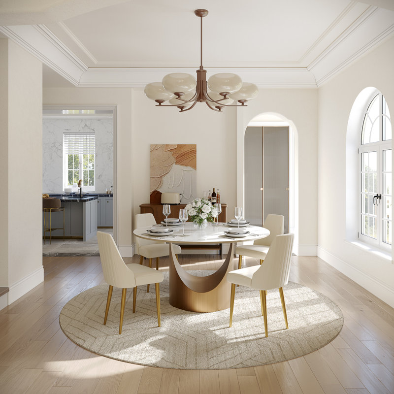 Modern Dining Room Sets, Pre-Assembly Round Dining Table Sets, Sintered Stone Tabletop Kitchen Dining Table Set With Upholstered PU Leather Chairs
