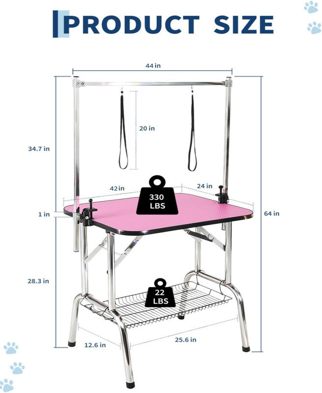 Table de toilettage pour animaux 42 po avec 2 bras réglables et corde de sécurité, station antidérapante pliable pour chats et chiens, capacité de 330 lb