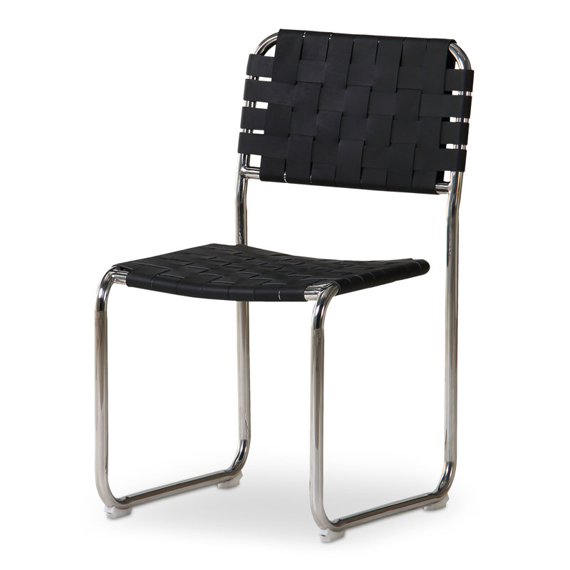 Moma Leather Dining Chair, Black Top Grain Leather, Silver