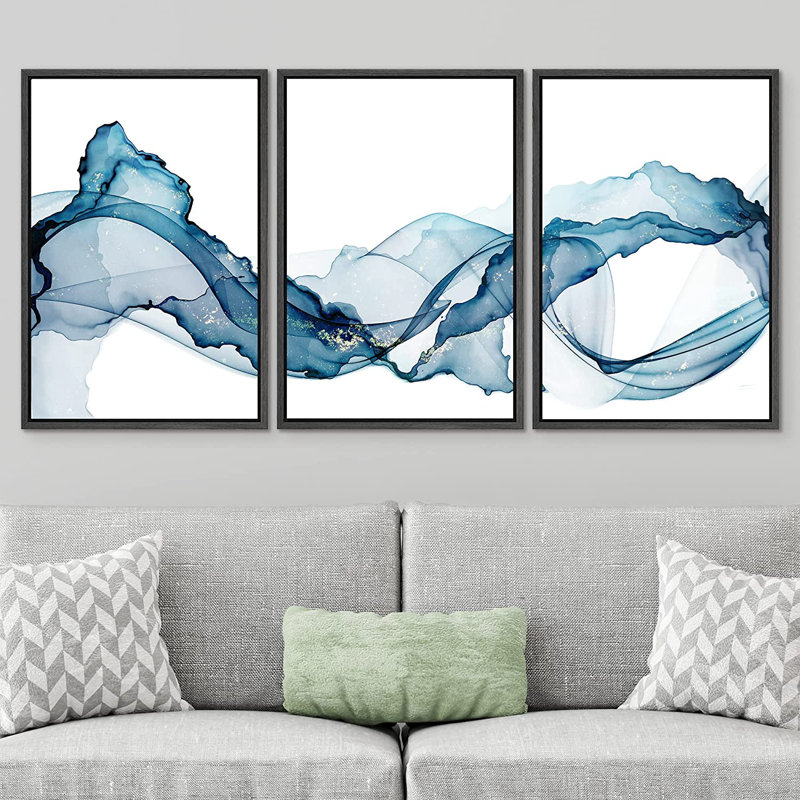 «Vibrant Pastel Smoke Waves Abstract Landscape Minimalist Wall Art», ensemble de 3 toiles encadrées, H 36 po x l 72 po, Noir