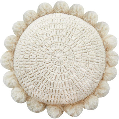 This Bohemian Round Knitted Pillow With Handmade Pom-Pom Tassels Is Chic Decor For Sofas, Chairs And Beds.