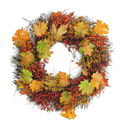 Maple Leaf and Berry Twig Artificial Fall Harvest Wreath 22-Inch