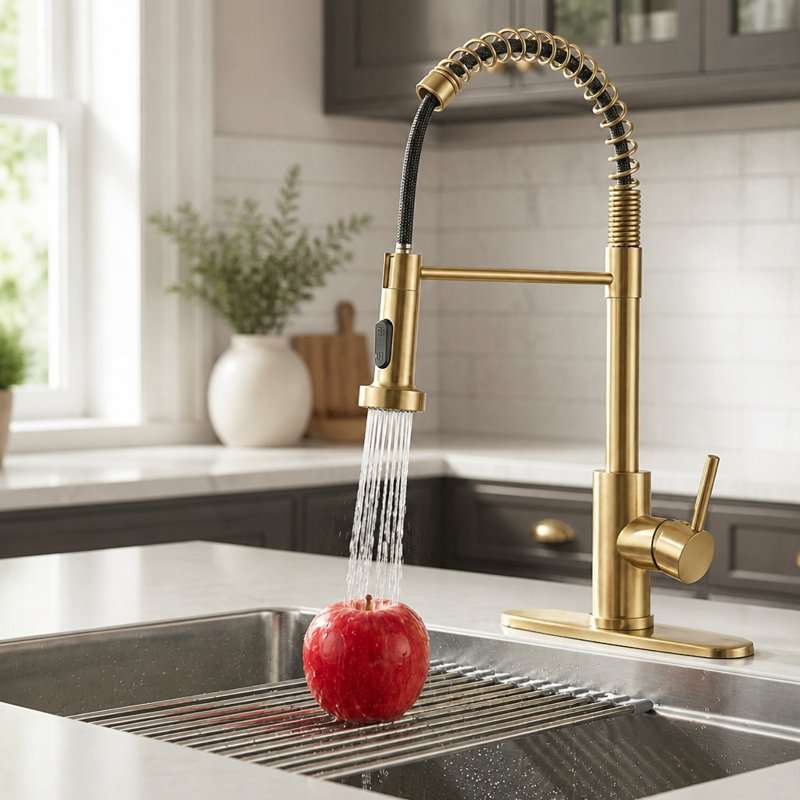 Robinet de cuisine de style industriel avec douchette extractible, poignée simple, 1 ou 3 trous, acier inoxydable, finition or brossé