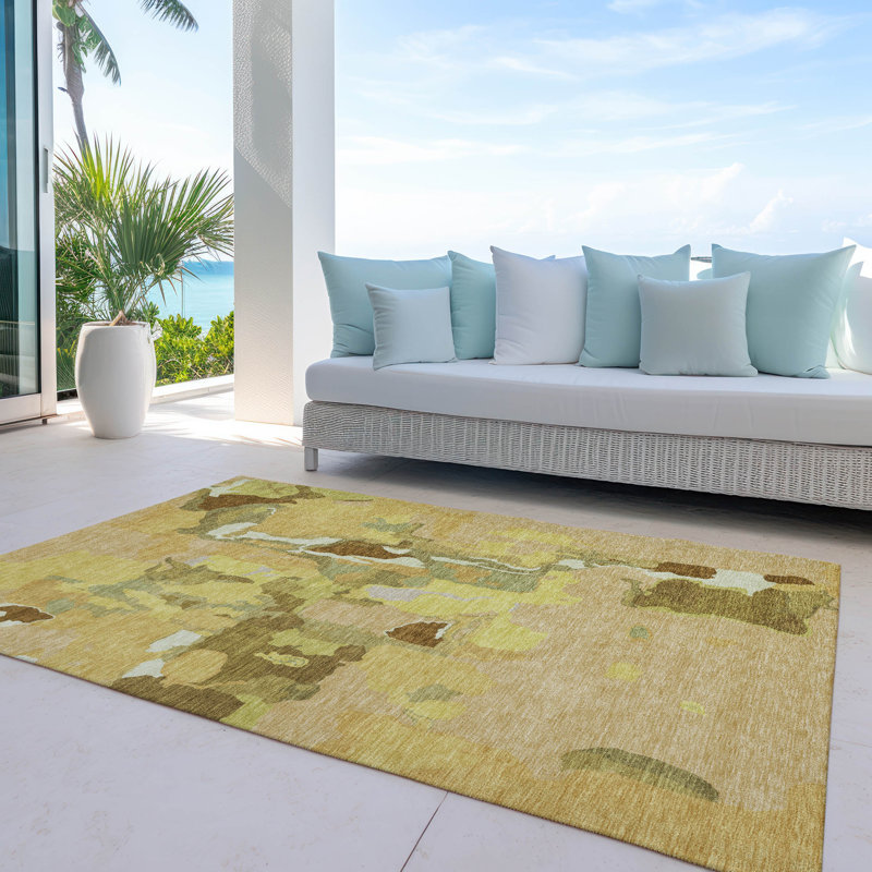 Gold Abstract Rectangular Washable Synthetic Area Rug 3' x 5'