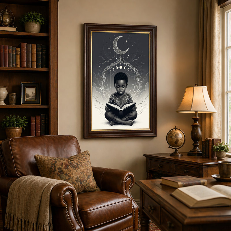 Art mural antique sur toile encadré doré pour le salon, la chambre à coucher, le bureau ou le vestibule - Décoration murale décorative avec enfant lunaire