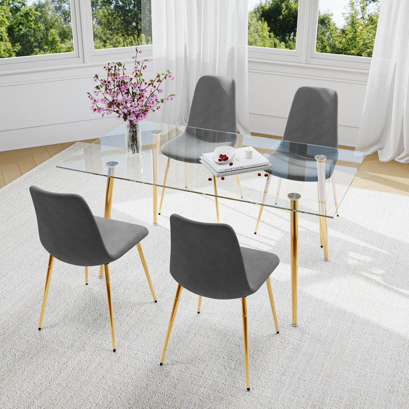 Ensemble de salle à manger à quatre pieds avec plateau en verre, 5 pièces: table, 4 chaises, Gris/doré