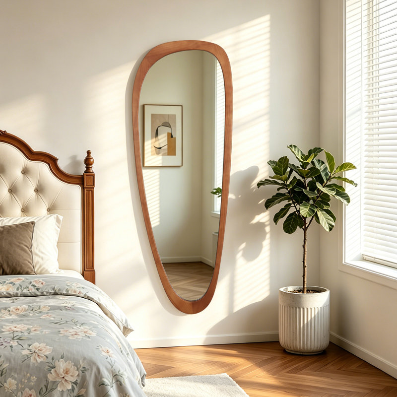 Cotesfield Solid Wood Asymmetrical Accent Mirror, 60" x 22", Walnut