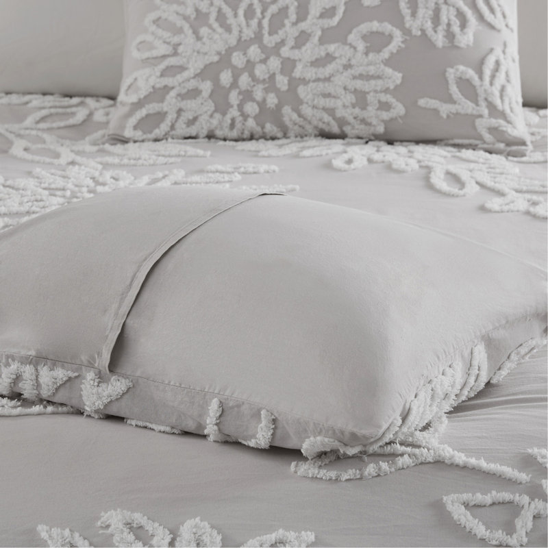 Ensemble d'édredon 3 pièces en chenille de coton touffeté à motif floral gris chaud / blanc double / grand