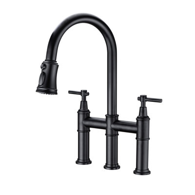 Matte Black Bridge Faucet For Kitchen Sink - Pull-Down Effective Cleaning 360-Degree Rotating High Nozzle Ample Space