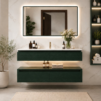 Meuble-lavabo flottant 48 po, plateau en pierre reconstituée, 2 tiroirs à fermeture en douceur, lumière DEL
