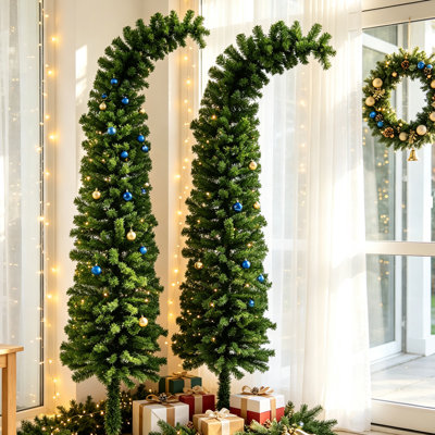 Set of 2 6FT Whimsical Pencil Christmas Tree – Slim Artificial Pine with Bendable Curled Top, 400 Branch Tips, Sturdy Metal Base, Easy Assembly & Stor