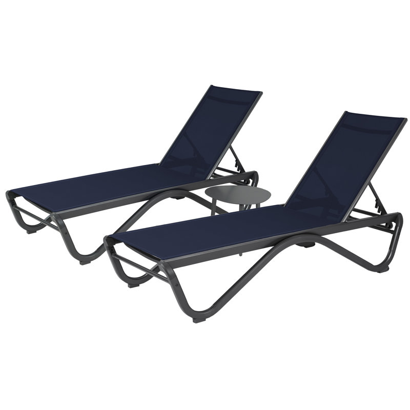 Kozyard Outdoor Chaise Lounge Chair, All Aluminum Frame and Textilene Fabric, Fully Flat Adjustable Reclining Patio Lounger for Poolside, Sunbathing & Backyard, Navy Blue, 2Chairs + Table