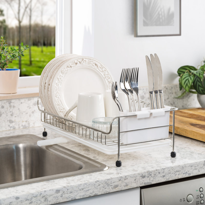 Compact White Stainless Steel Dish Rack with Drain Spout