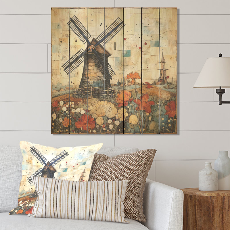 Vintage Countryside Windmillscape II - Wind Turbines On Wood Print, 15" H x 15" W